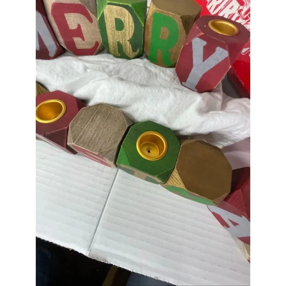 Vintage Merry Christmas primitive wooden block candle holders. Made in Taiwan.